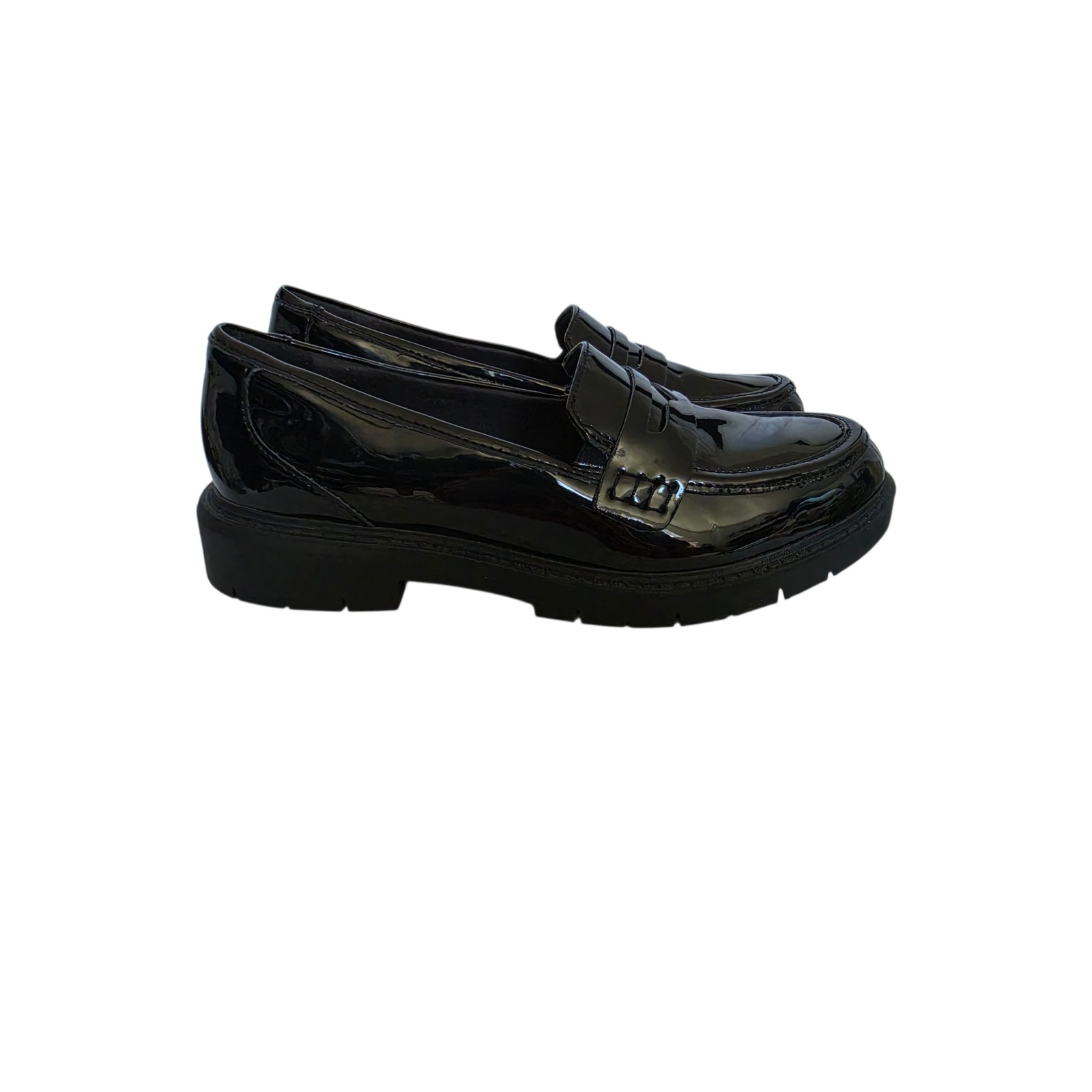 Clarks Collection Womens Black Patent Leather Penny Loafers Lug Sole 7.5 M